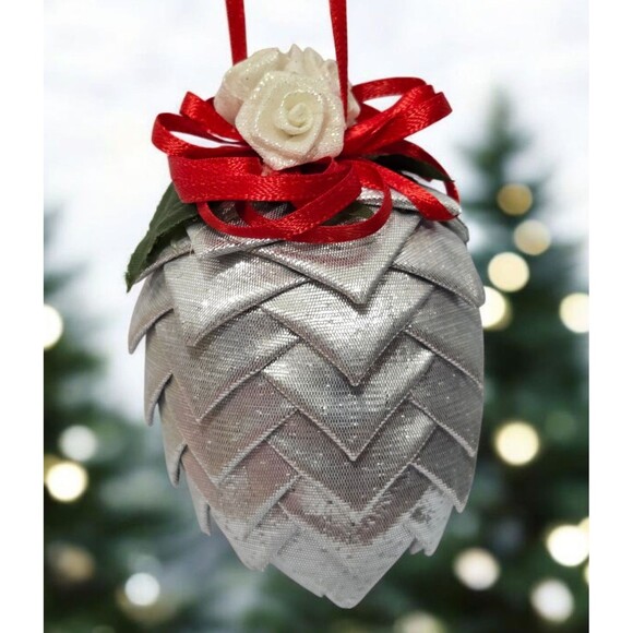 Christmas Tree Homemade Fabric Pinecone Tree Ornament Silver 3" - Picture 1 of 4